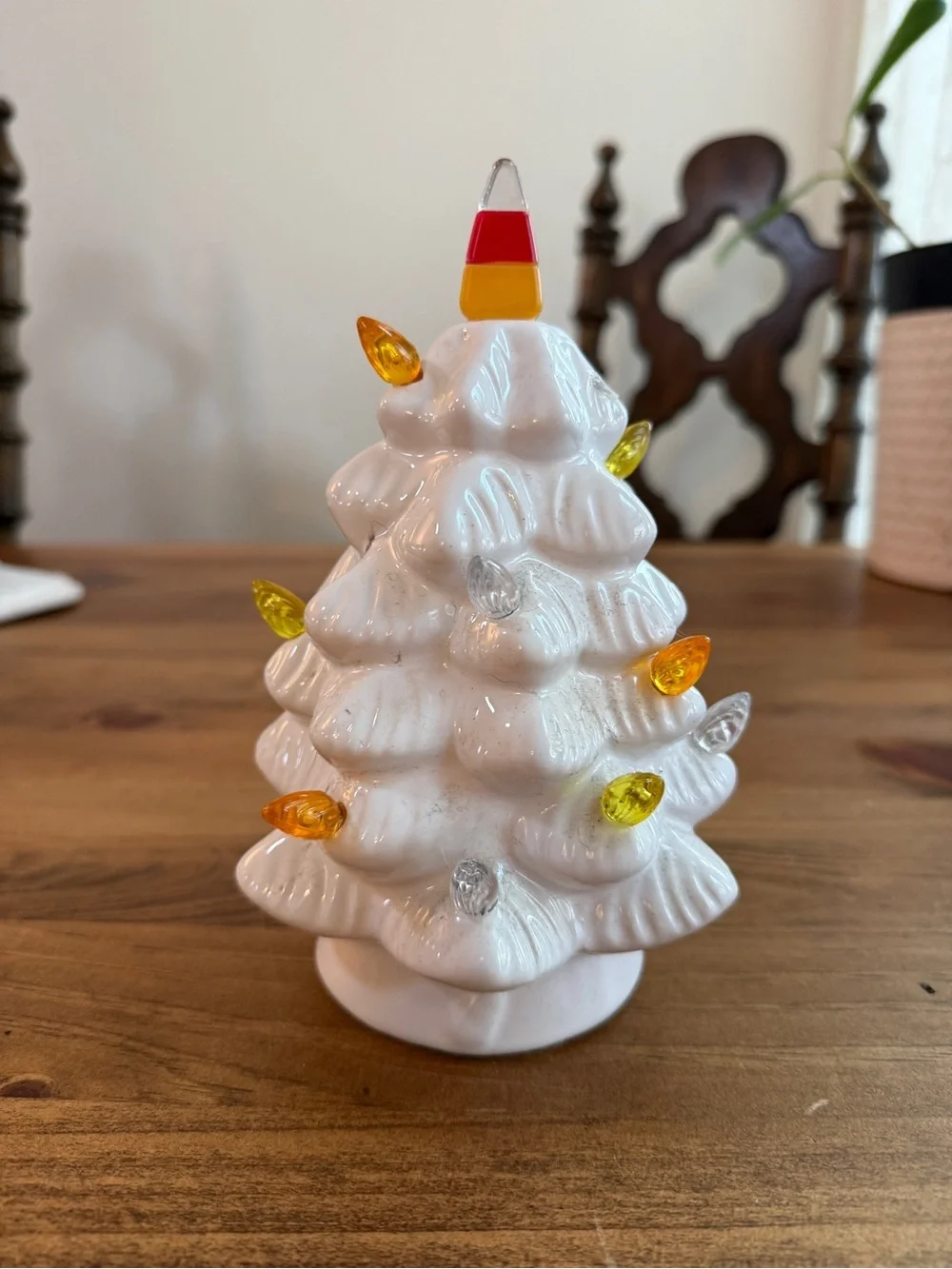 White Ceramic Holiday Tree with Multi-Colored Bulb Lights Halloween